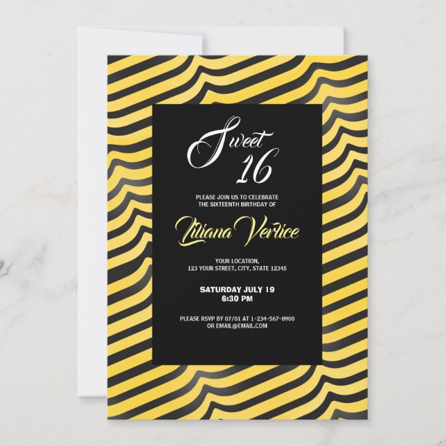 Jazzy Cute Black & Yellow Striped Bumblebee Invitation (Front)