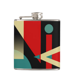 Jazzy Geometric Pattern black teal red beige Hip Flask