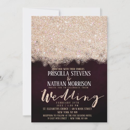 Jazzy Gold Glitter Burgundy Watercolor Wedding Invitation