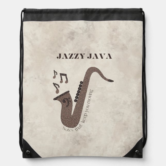 Jazzy Java-Coffee Beans-Saxophone-Personalized- Drawstring Bag (Front)