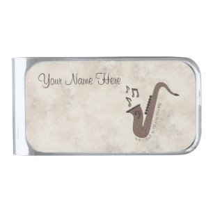 Jazzy Java-Coffee Beans-Saxophone-Personalized- Silver Finish Money Clip