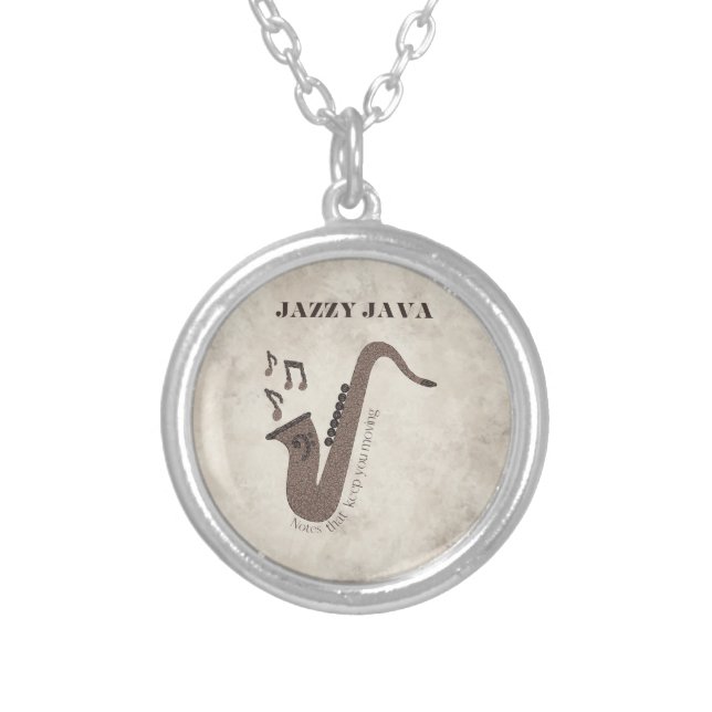 Jazzy Java-Coffee Beans-Saxophone- Silver Plated Necklace (Front)