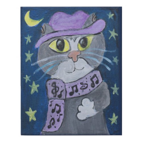Jazzy Jazz Cat Folk Art Faux Canvas Print