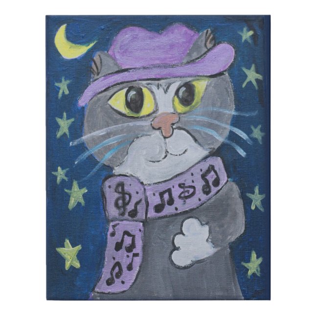Jazzy Jazz Cat Folk Art Faux Canvas Print (Front)