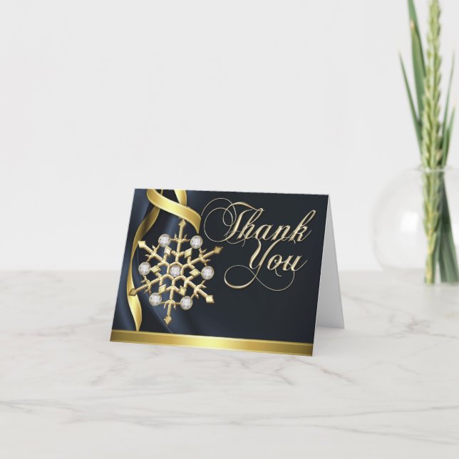 Jazzy Jeweled Snowflake Black Thank You Card (Front)