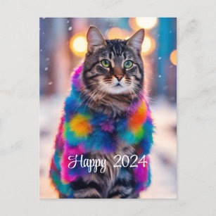 Jazzy Kitty   in fur  coat  - Happy 2024 Holiday Postcard