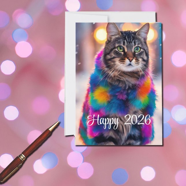 Jazzy Kitty   in fur  coat  - Happy 2026 Holiday Card (Creator Uploaded)