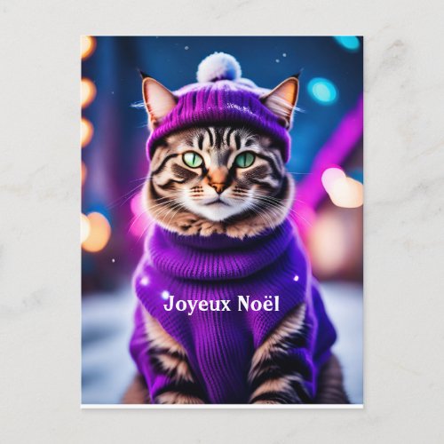 Jazzy Kitty  in purple sweater  _ Noel  Holiday Postcard