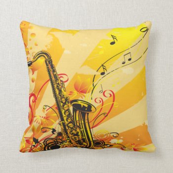 Jazzy Saxophone Beams Of Music Throw Pillow by StarStruckDezigns at Zazzle