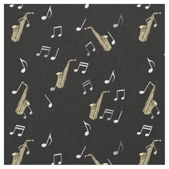 Jazzy Saxophone & Musical Notes  Fabric (Close Up)