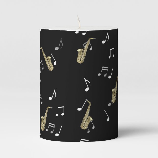 Jazzy Saxophone & Musical Notes  Pillar Candle (Front)