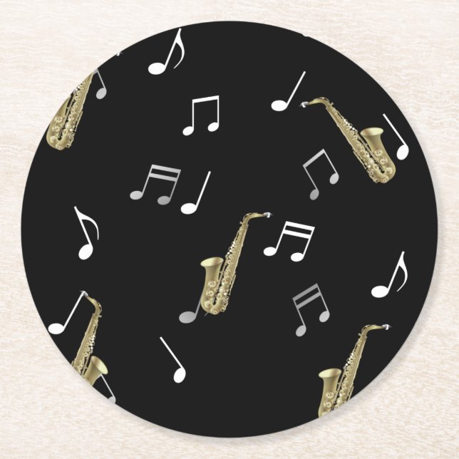 Jazzy Saxophone & Musical Notes  Round Paper Coaster (Front)