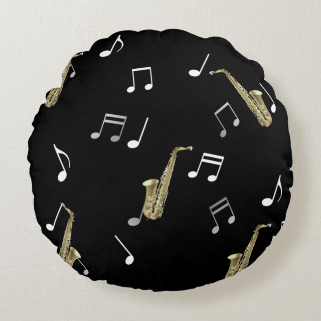 Jazzy Saxophone & Musical Notes  Round Pillow (Front)