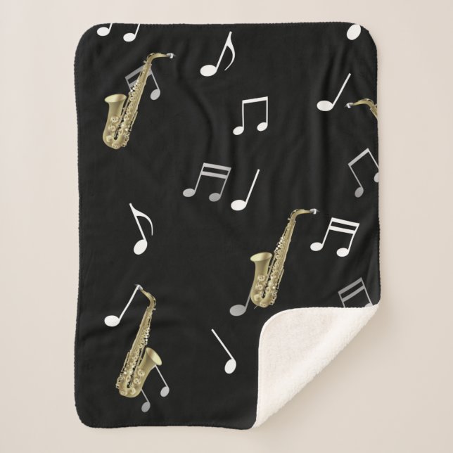 Jazzy Saxophone & Musical Notes  Sherpa Blanket (Front)