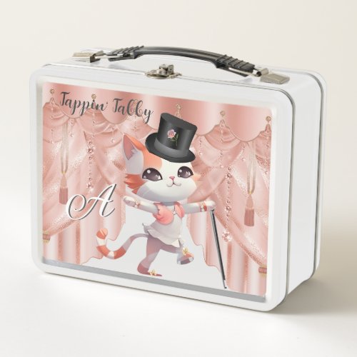 Jazzy Tap Dancing Tabby Cat Hat Cane Monogram Metal Lunch Box