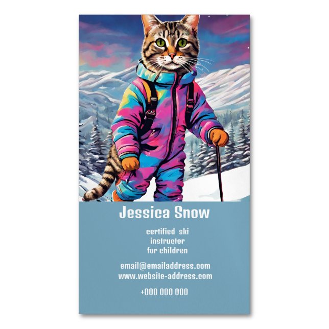 Jazzy  winter  cat   skiing business card magnet (Front Vertical)
