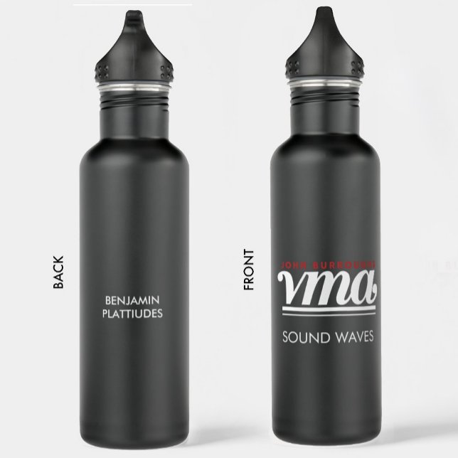 JBHS VMA Black with White Logo Customizable Stainless Steel Water Bottle (Front and back of black matte VMA logo water bottle)