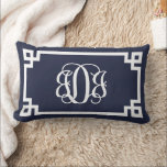 JDJ Navy and White Greek Key Script Monogram Lumbar Pillow<br><div class="desc">PLEASE MESSAGE DESIGNER BEFORE ORDERING. SEND YOUR MONOGRAM INITIALS IN THIS ORDER: FIRST, LAST, MIDDLE. I will customize your monogram and email you the link to order. Please do not purchase until after I have sent you the link with your customized monogram. Add a polished preppy touch to any space...</div>