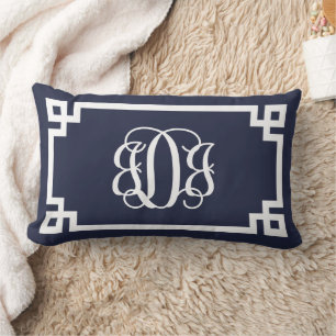 JDJ Navy and White Greek Key Script Monogram Lumbar Pillow