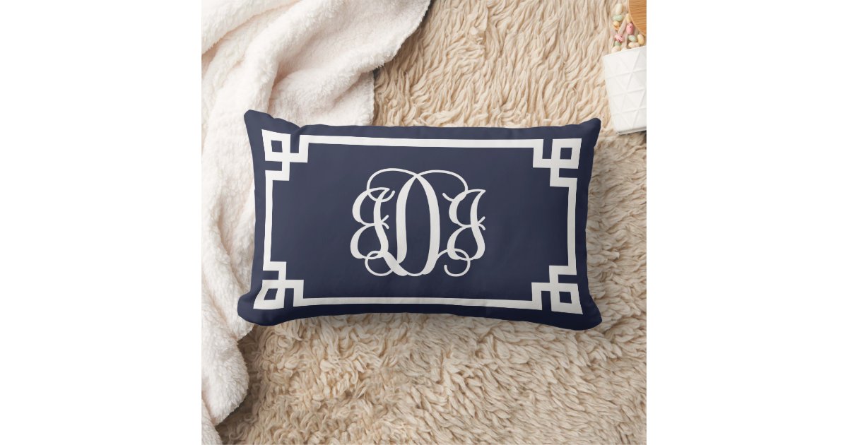 JDJ Navy and White Greek Key Script Monogram Lumbar Pillow