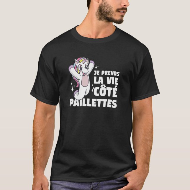 Je Prends La Vie Cote Sequinned Belle Unicorn T-Shirt (Front)