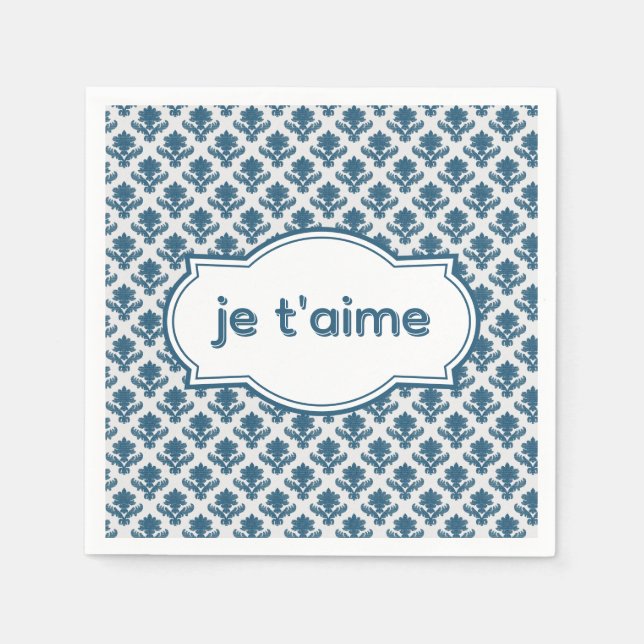 Je T'aime Elegant French Tapestry Blue White Napkins (Front)