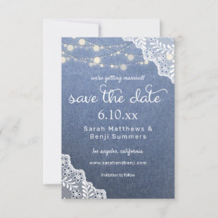 Navy blue string lights wedding save the date with photos, save