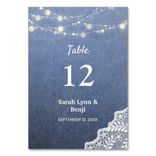 Jean, Lace, String Lights Table Number (Front)