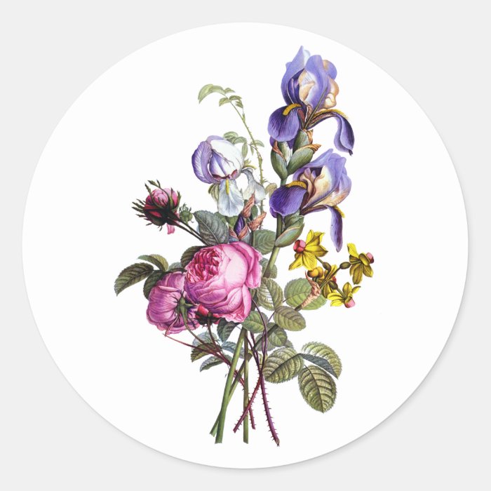 Jean Louis Prevost Cabbage Rose and Iris Bouquet Sticker