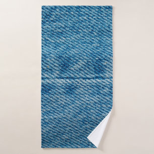 Jeans close up background. Denim stitching. Blue f Bath Towel