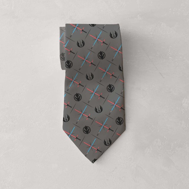 Jedi Vs Sith Lightsaber & Logo Pattern Neck Tie (Tie rolled up on table)