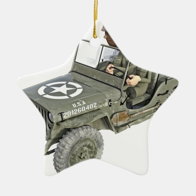 Jeep with 2 cartoon soldiers ceramic ornament (Front)