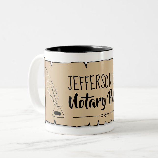 Jefferson City Notary Public Scroll Feather Quill Two-Tone Coffee Mug (Front Left)