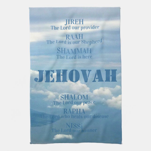 Jehova Jireh Shalom Rapha Blu Sky White Clouds Kitchen Towel (Vertical)