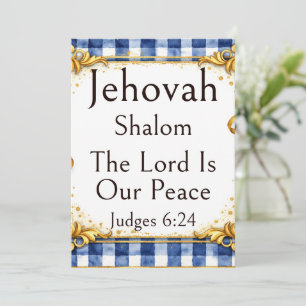 Jehovah Shalom, Gingham Blue White Gold Whimsical Card
