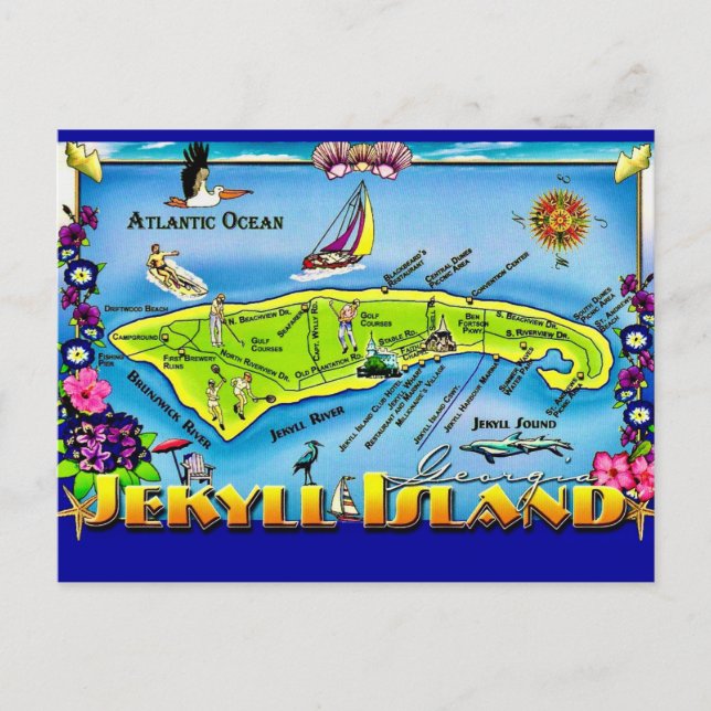 Jekyll Island Georgia Colorful Postcard (Front)
