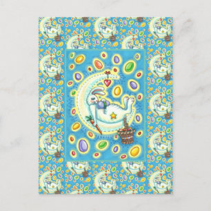 JELLY BEAN DREAMS, SLEEPY EASTER BUNNY ON MOON HOLIDAY POSTCARD