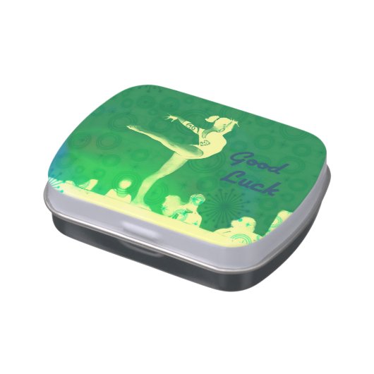Jelly Belly candy tin. "Good Luck Gymnast" theme Jelly Belly Tin (Side)