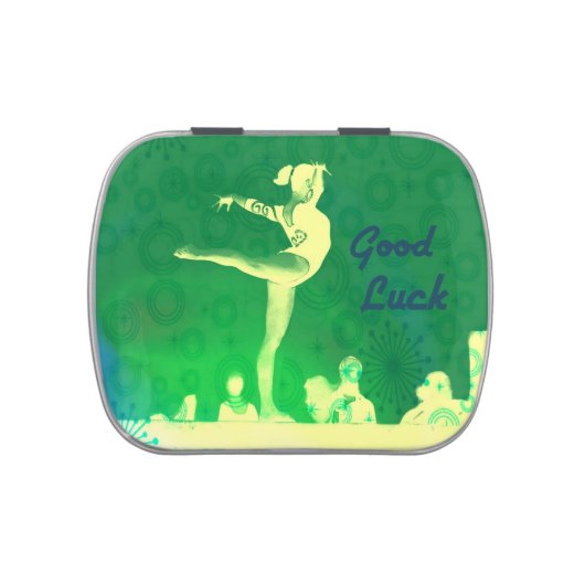 Jelly Belly candy tin. "Good Luck Gymnast" theme Tin (Top)