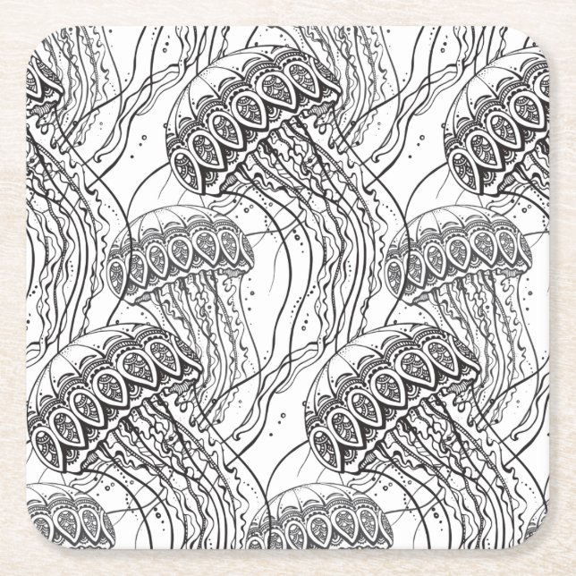 Jelly Fish Doodle Square Paper Coaster (Front)