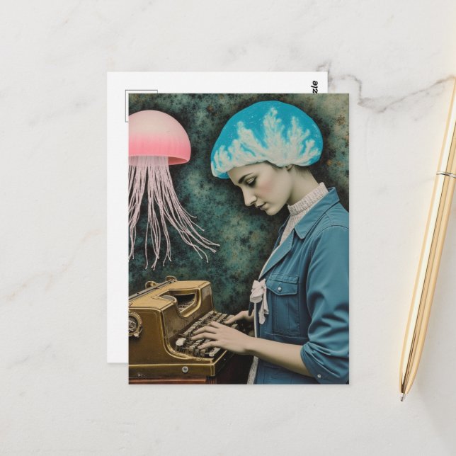 Jellyfish and a Typewriter Surreal Woman Postcard (Front/Back In Situ)