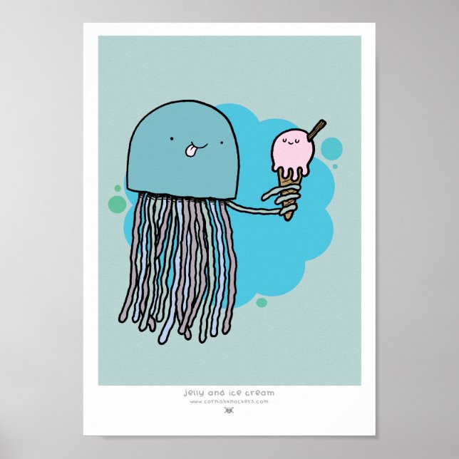Jellyfish and ice cream A4 print Sage background (Front)
