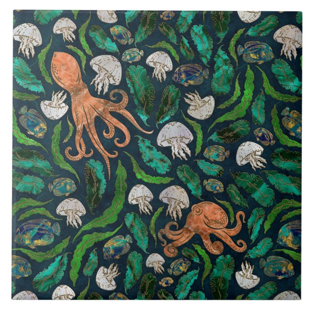 Jellyfish and Octopus Pattern Ceramic Tile (Front)