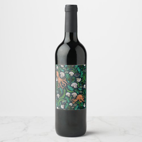 Jellyfish and Octopus Pattern Wine Label