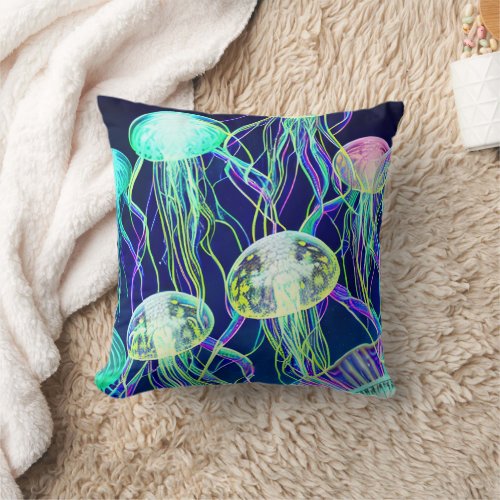 Jellyfish Art in Harmonious Hues Throw Pillow