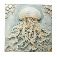 Jellyfish Art Nouveau Faux Relief Mint Cream White