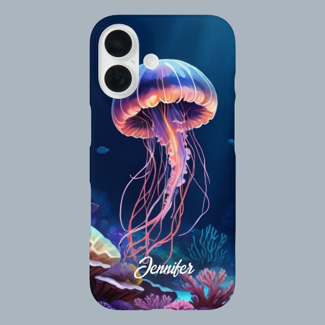 Jellyfish Art, White Script Name Iphone Case (Creator Uploaded)