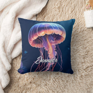 Jellyfish Art, White Script Name Throw Pillow