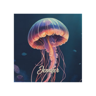 Jellyfish Art, White Script Name Wood Wall Art