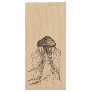 Jellyfish Black and White Pencil Drawing Sketch Wood USB Flash Drive